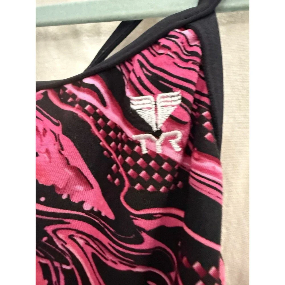 TYR Size 34 Pink Black Marble Open Back One Piece Swimsuit Training Competition